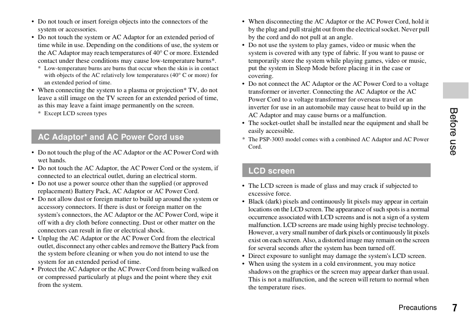 Bef o re us e | Sony PLAYSTATION PSP-3002 User Manual | Page 7 / 28