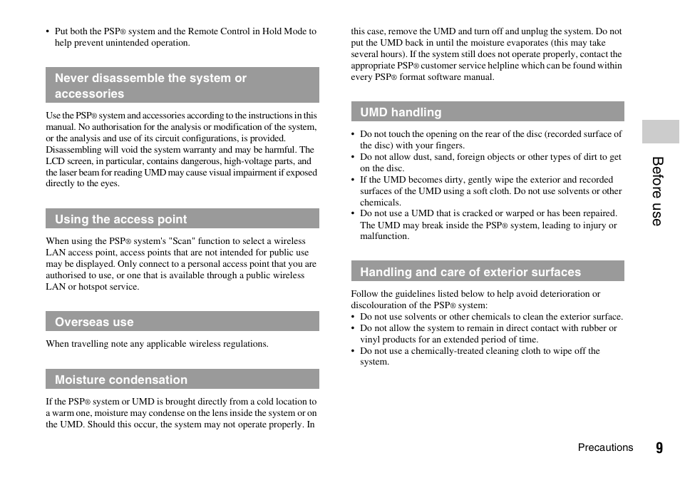 Bef o re us e | Sony PLAYSTATION PSP-3002 User Manual | Page 9 / 28
