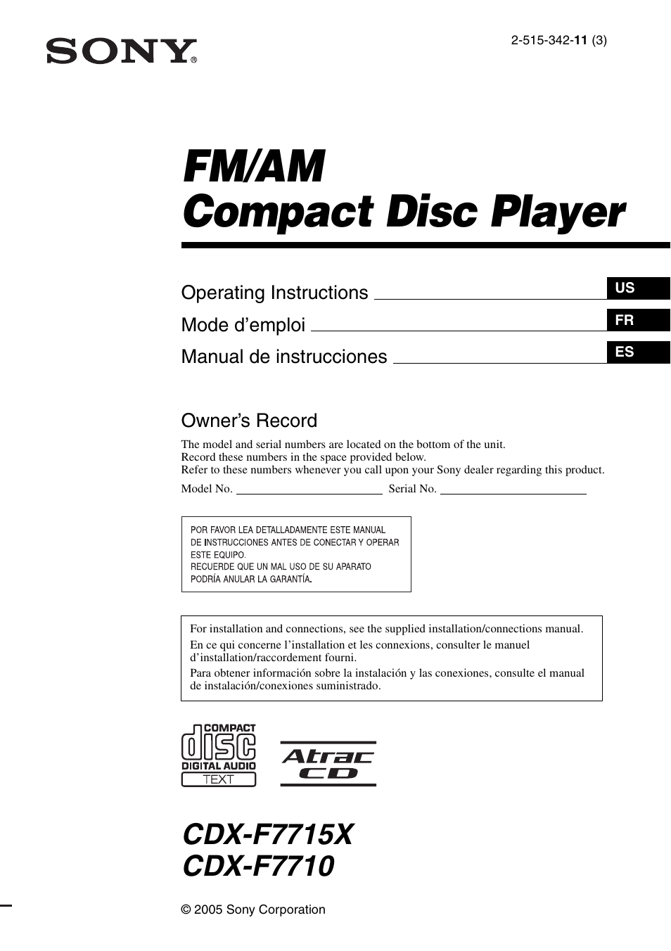 Sony CDX-F7710 User Manual | 56 pages