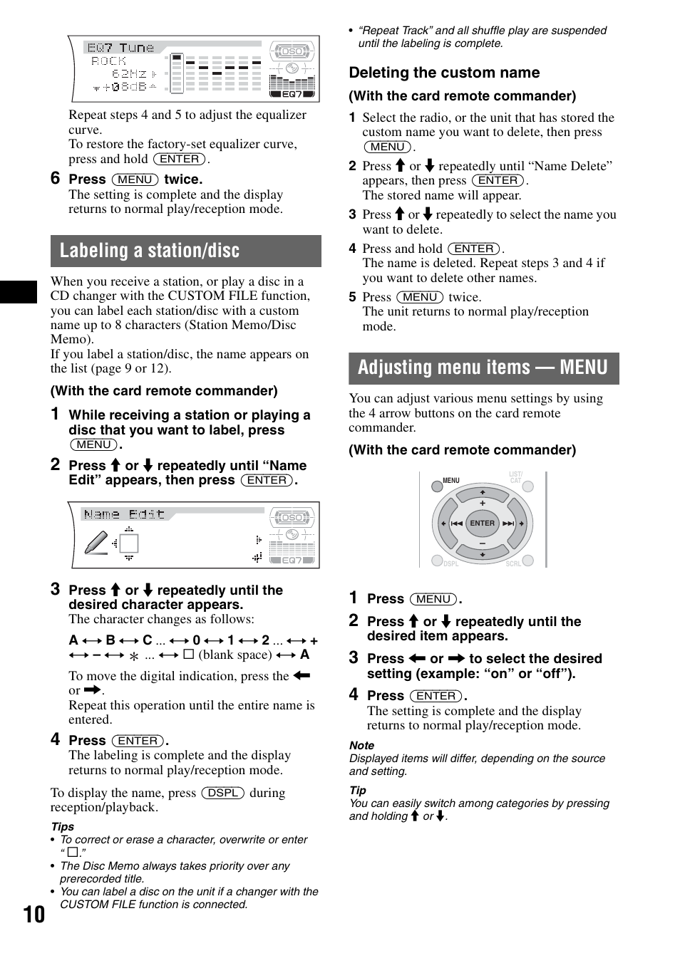 Labeling a station/disc, Adjusting menu items - menu, Adjusting menu items — menu | Sony CDX-F7710 User Manual | Page 10 / 56