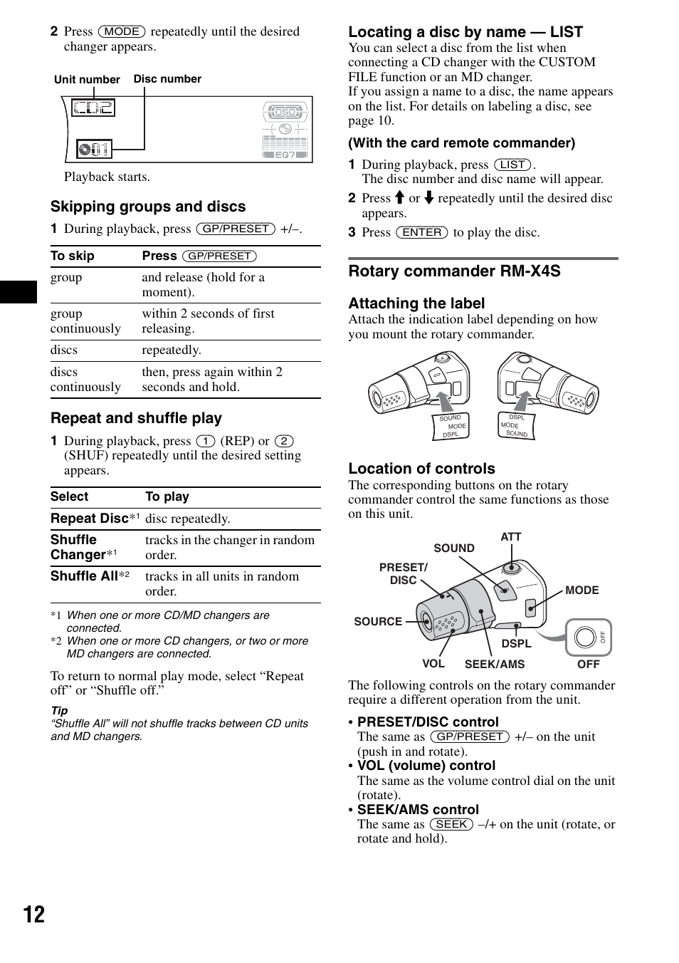Rotary commander rm-x4s, Skipping groups and discs, Repeat and shuffle play | Locating a disc by name — list, Attaching the label, Location of controls | Sony CDX-F7710 User Manual | Page 12 / 56