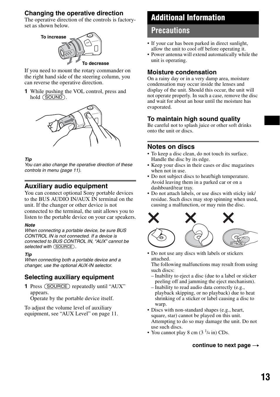 Auxiliary audio equipment, Additional information, Precautions | Notes on discs, Additional information precautions | Sony CDX-F7710 User Manual | Page 13 / 56