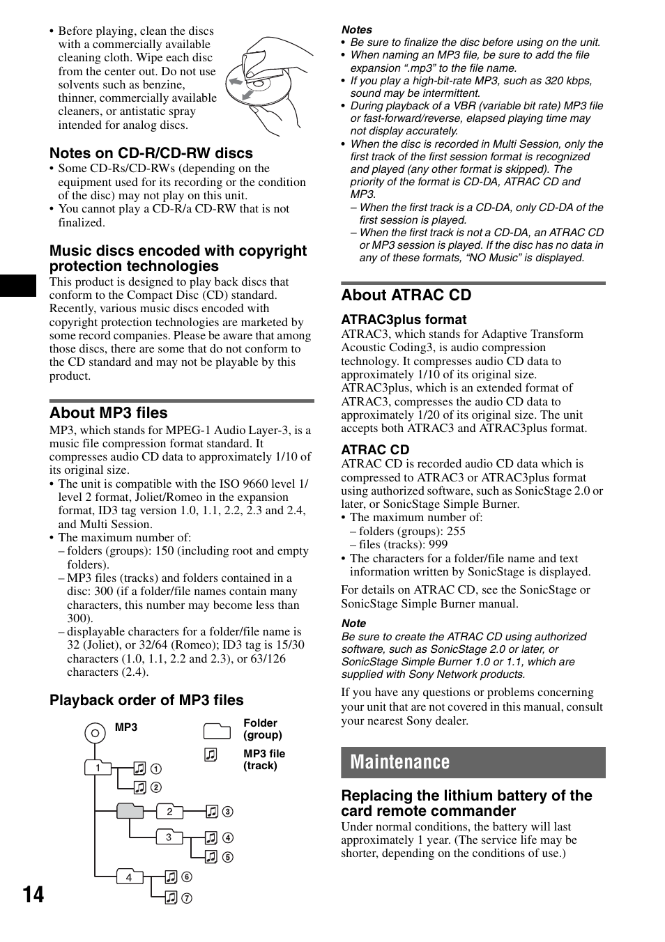 About mp3 files, About atrac cd, Maintenance | About mp3 files about atrac cd, Playback order of mp3 files | Sony CDX-F7710 User Manual | Page 14 / 56