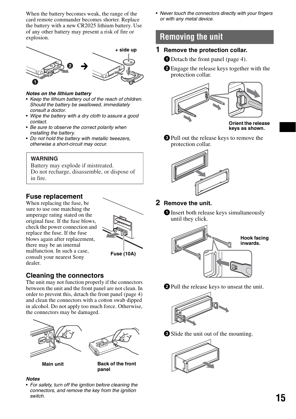 Removing the unit | Sony CDX-F7710 User Manual | Page 15 / 56