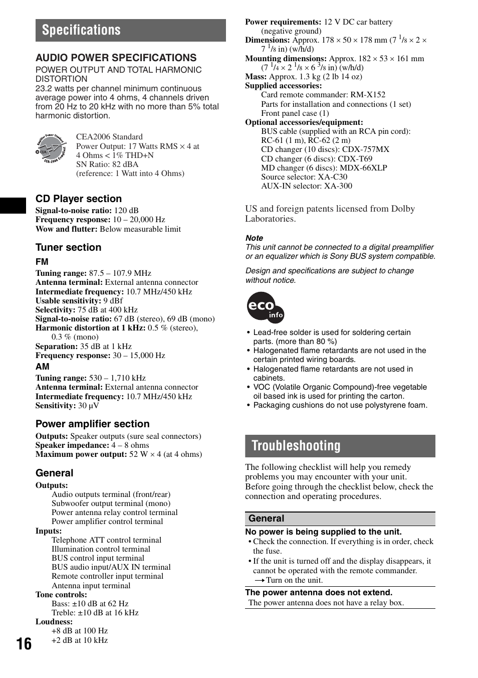 Specifications, Troubleshooting, Specifications troubleshooting | General, Audio power specifications | Sony CDX-F7710 User Manual | Page 16 / 56