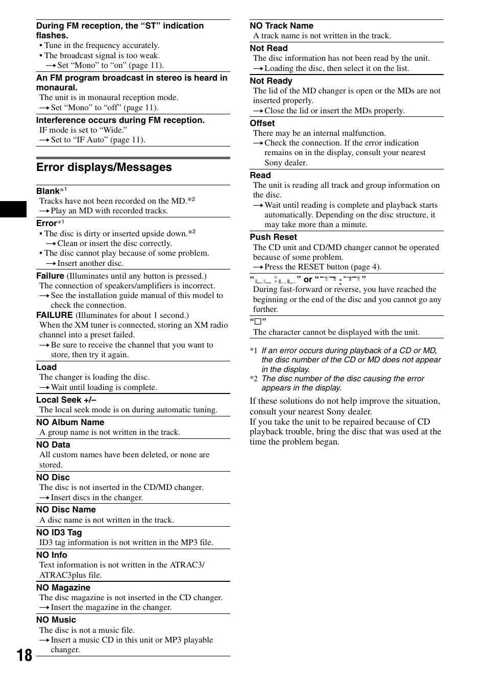 Error displays/messages | Sony CDX-F7710 User Manual | Page 18 / 56