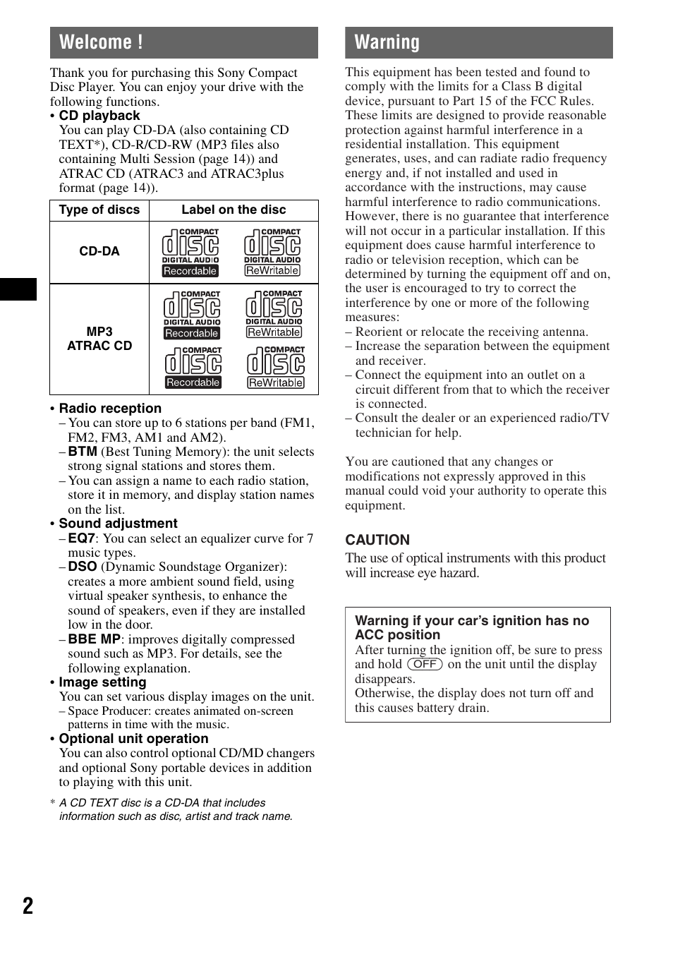 Welcome, Warning | Sony CDX-F7710 User Manual | Page 2 / 56