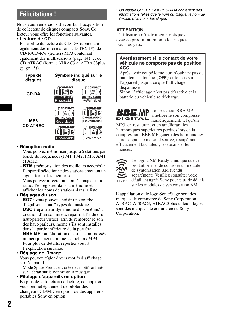 Félicitations | Sony CDX-F7710 User Manual | Page 20 / 56