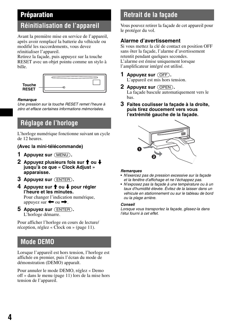 Préparation, Réinitialisation de l’appareil, Réglage de l’horloge | Mode demo, Retrait de la façade, Préparation réinitialisation de l’appareil | Sony CDX-F7710 User Manual | Page 22 / 56