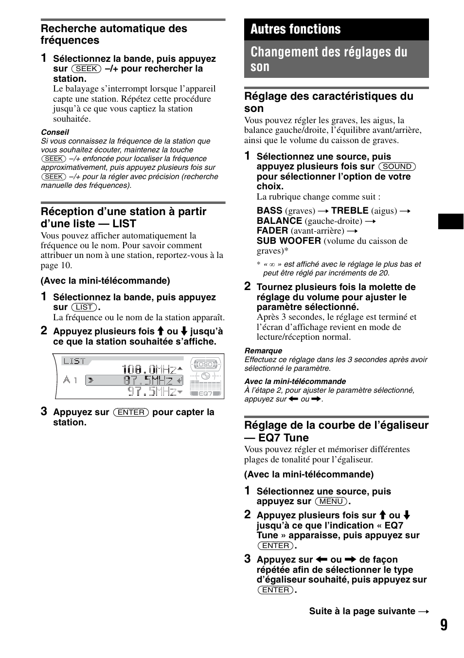 Recherche automatique des fréquences, Autres fonctions, Changement des réglages du son | Réglage des caractéristiques du son, Réglage de la courbe de l’égaliseur - eq7 tune, Autres fonctions changement des réglages du son | Sony CDX-F7710 User Manual | Page 27 / 56