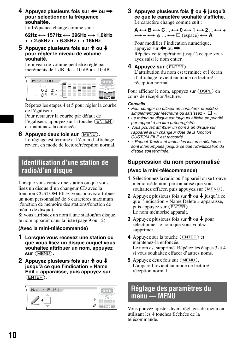 Identification d’une station de radio/d’un disque, Réglage des paramètres du menu - menu, Réglage des paramètres du menu — menu | Sony CDX-F7710 User Manual | Page 28 / 56