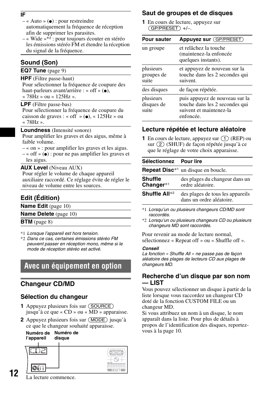 Avec un équipement en option, Changeur cd/md | Sony CDX-F7710 User Manual | Page 30 / 56