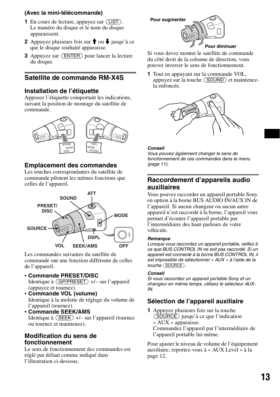 Satellite de commande rm-x4s, Raccordement d’appareils audio auxiliaires, Installation de l’étiquette | Emplacement des commandes, Modification du sens de fonctionnement, Sélection de l’appareil auxiliaire | Sony CDX-F7710 User Manual | Page 31 / 56