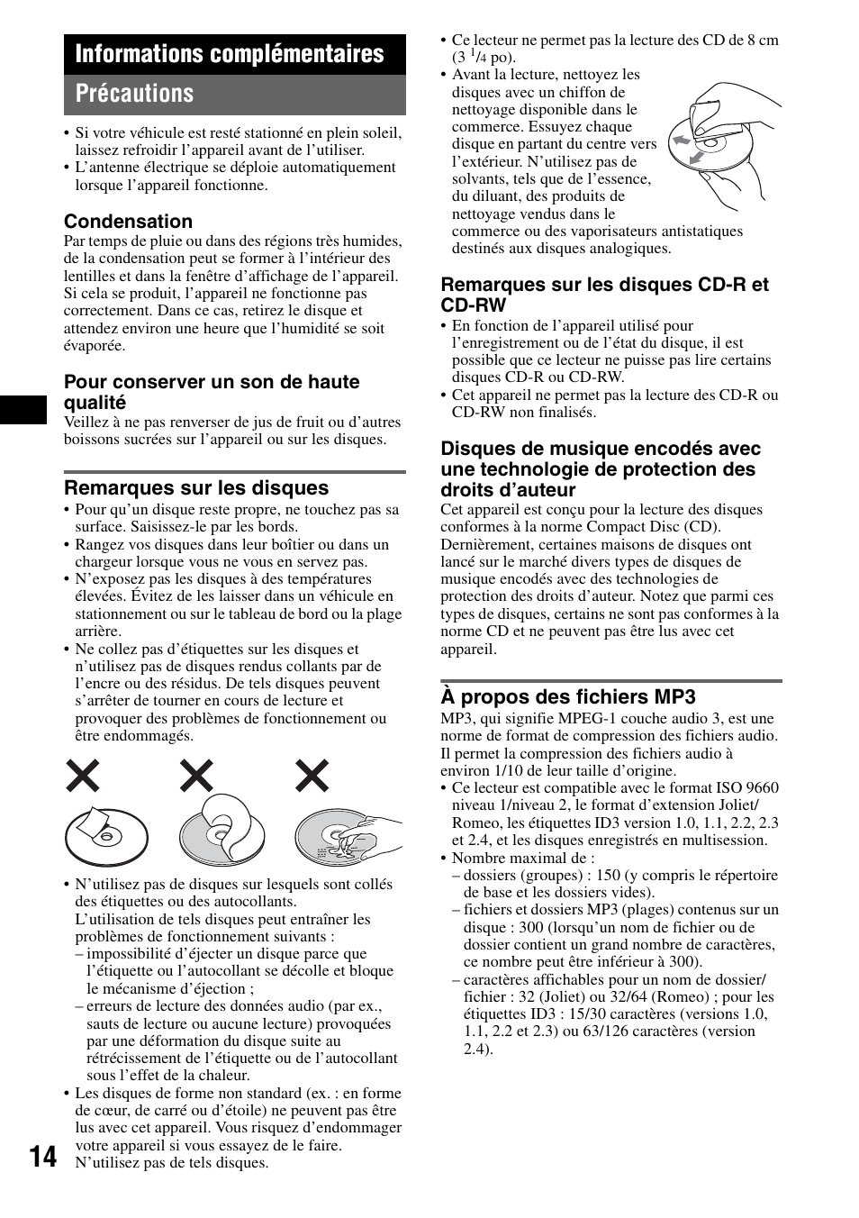 Informations complémentaires, Précautions, Remarques sur les disques | À propos des fichiers mp3, Informations complémentaires précautions | Sony CDX-F7710 User Manual | Page 32 / 56