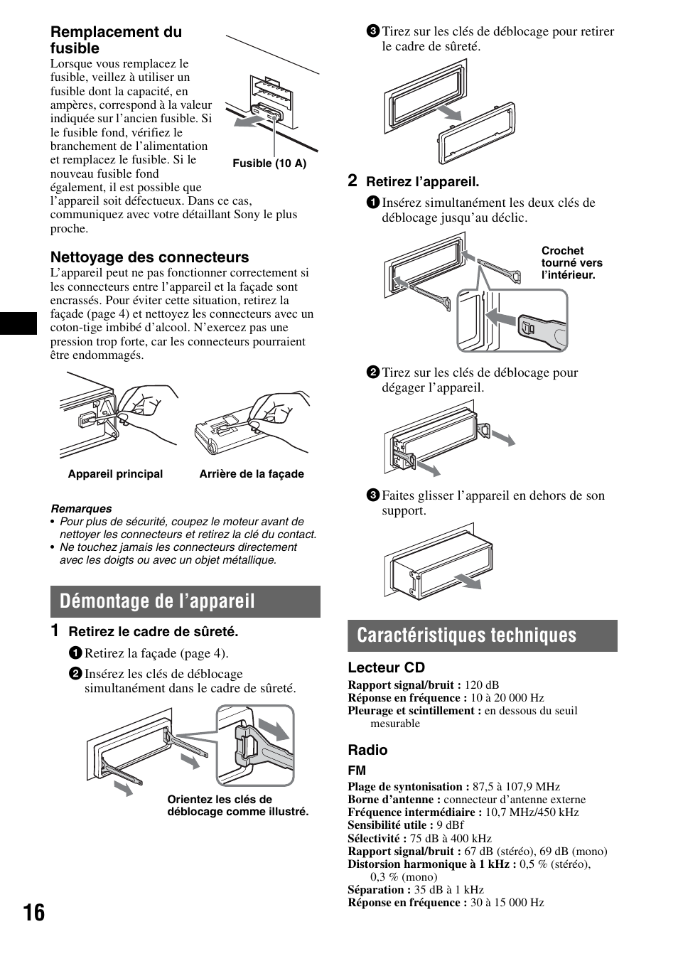 Démontage de l’appareil, Caractéristiques techniques | Sony CDX-F7710 User Manual | Page 34 / 56