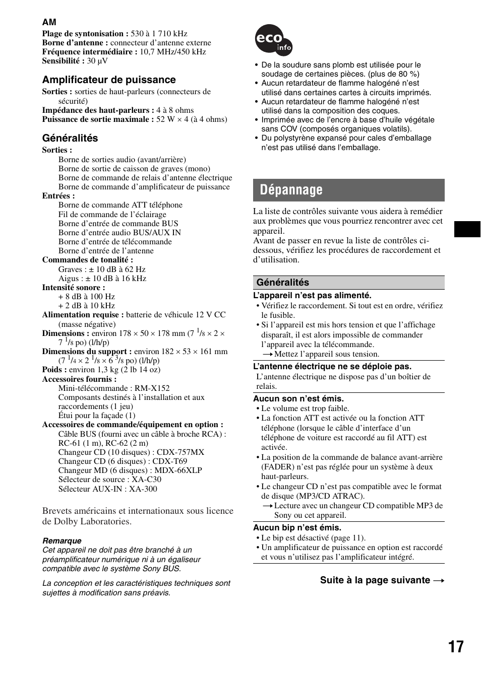 Dépannage, Amplificateur de puissance, Généralités | Sony CDX-F7710 User Manual | Page 35 / 56