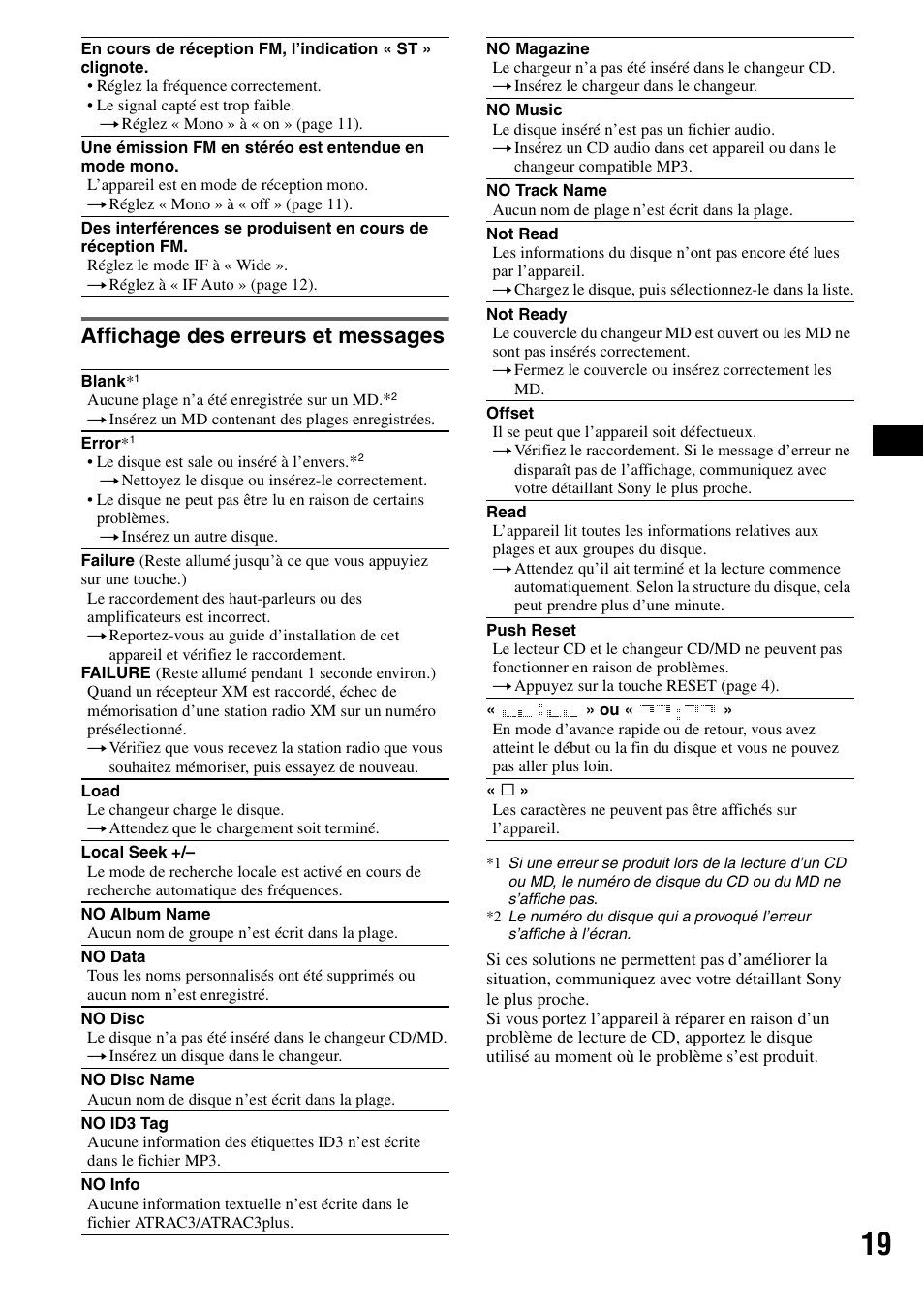 Affichage des erreurs et messages | Sony CDX-F7710 User Manual | Page 37 / 56