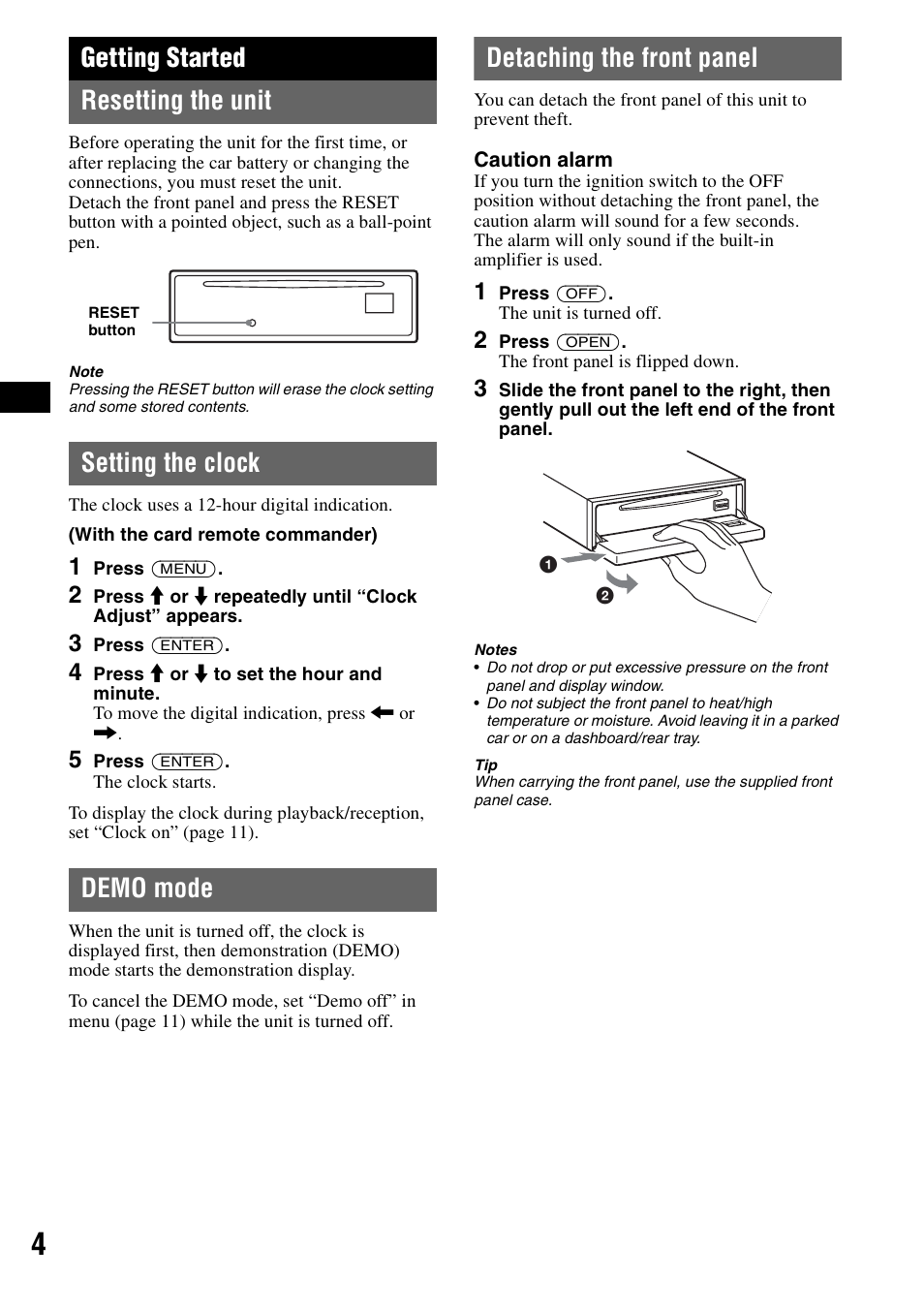 Getting started, Resetting the unit, Setting the clock | Demo mode, Detaching the front panel, Getting started resetting the unit | Sony CDX-F7710 User Manual | Page 4 / 56