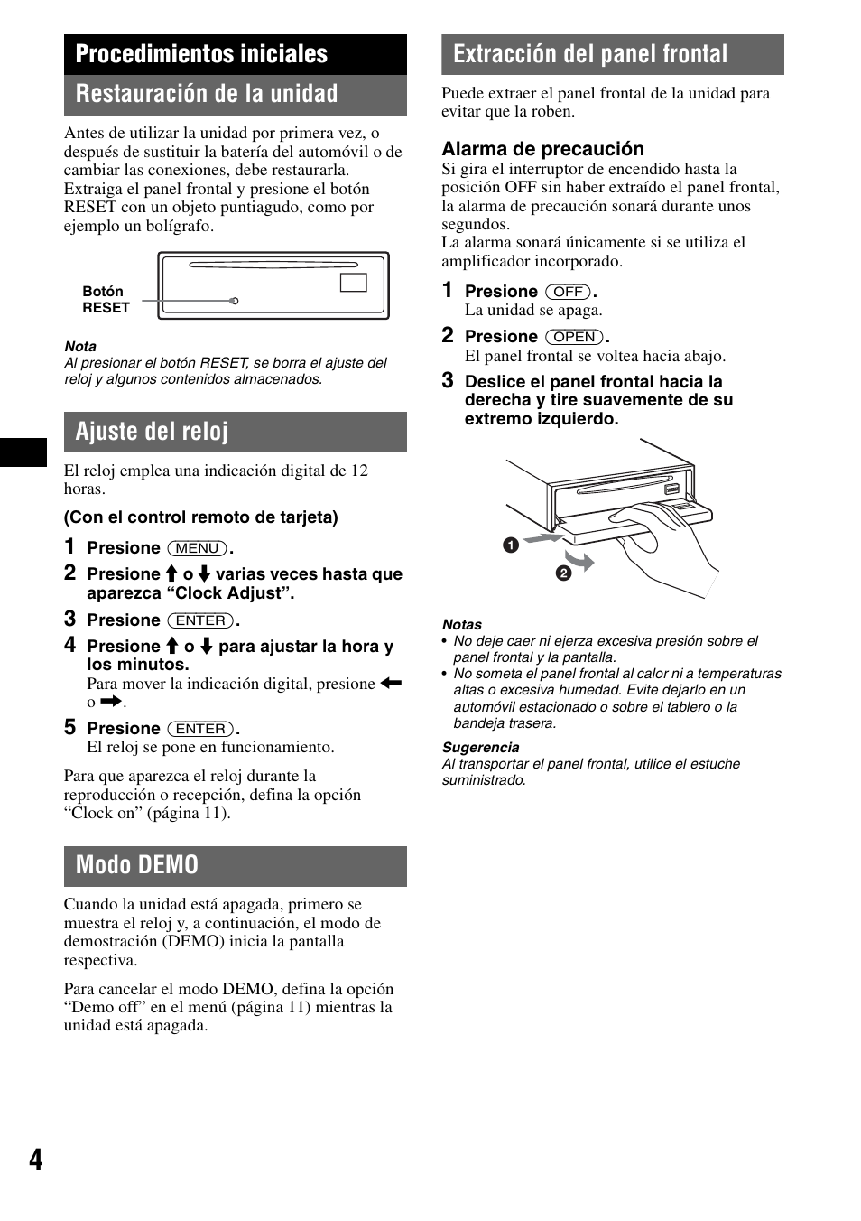 Procedimientos iniciales, Restauración de la unidad, Ajuste del reloj | Modo demo, Extracción del panel frontal, Procedimientos iniciales restauración de la unidad | Sony CDX-F7710 User Manual | Page 40 / 56
