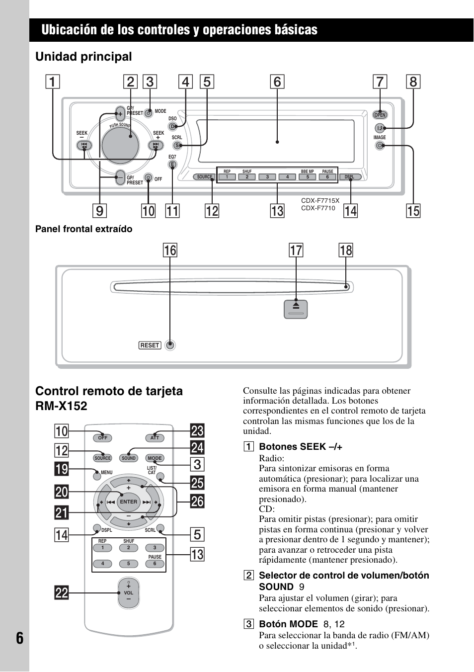 Ubicación de los controles y operaciones básicas, Unidad principal, Control remoto de tarjeta rm-x152 | Unidad principal control remoto de tarjeta rm-x152, Qh qj qk, Qs wg ql wf 3 q; 5 w; wa qf wd ws qd wh | Sony CDX-F7710 User Manual | Page 42 / 56