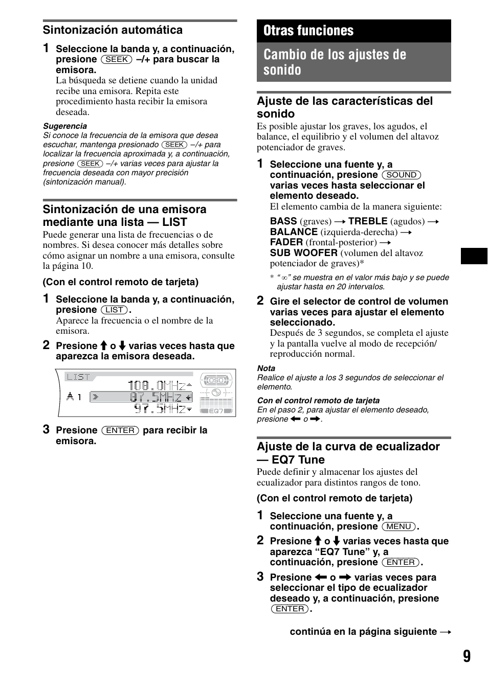 Sintonización automática, Otras funciones, Cambio de los ajustes de sonido | Ajuste de las características del sonido, Ajuste de la curva de ecualizador - eq7 tune, Otras funciones cambio de los ajustes de sonido | Sony CDX-F7710 User Manual | Page 45 / 56