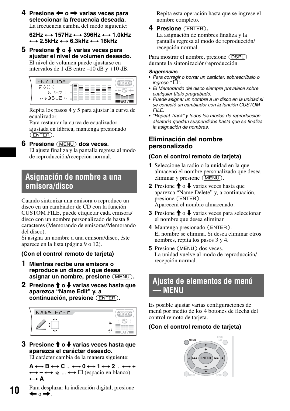 Asignación de nombre a una emisora/disco, Ajuste de elementos de menú - menu, Ajuste de elementos de menú — menu | Sony CDX-F7710 User Manual | Page 46 / 56