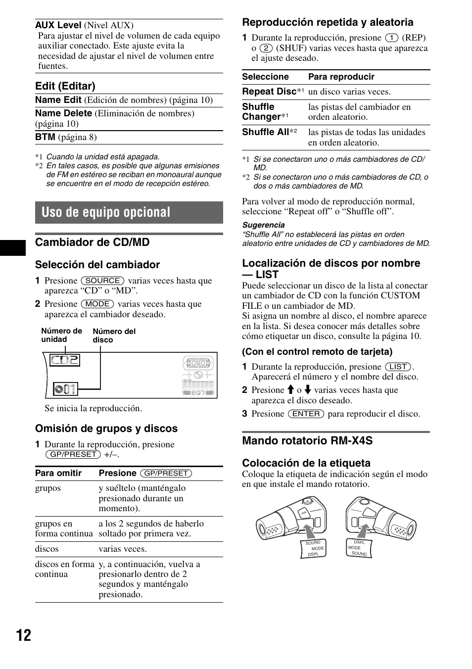 Uso de equipo opcional, Cambiador de cd/md, Mando rotatorio rm-x4s | Cambiador de cd/md mando rotatorio rm-x4s | Sony CDX-F7710 User Manual | Page 48 / 56
