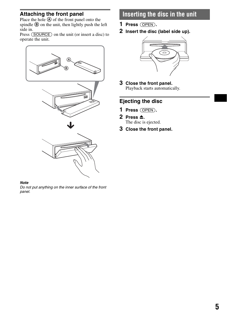 Attaching the front panel, Inserting the disc in the unit, Ejecting the disc | Sony CDX-F7710 User Manual | Page 5 / 56