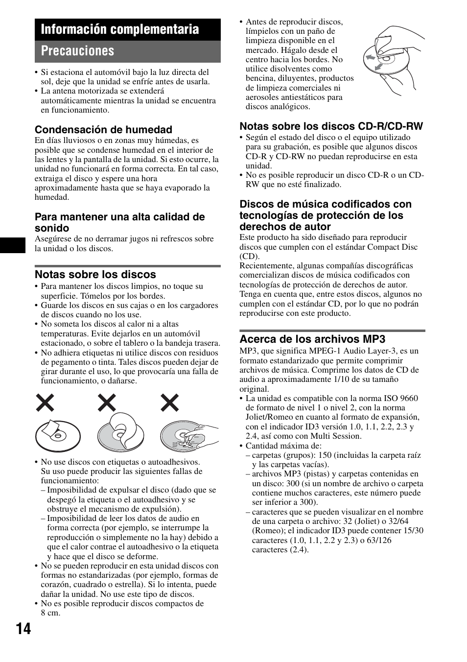 Información complementaria, Precauciones, Notas sobre los discos | Acerca de los archivos mp3, Notas sobre los discos acerca de los archivos mp3, Información complementaria precauciones | Sony CDX-F7710 User Manual | Page 50 / 56