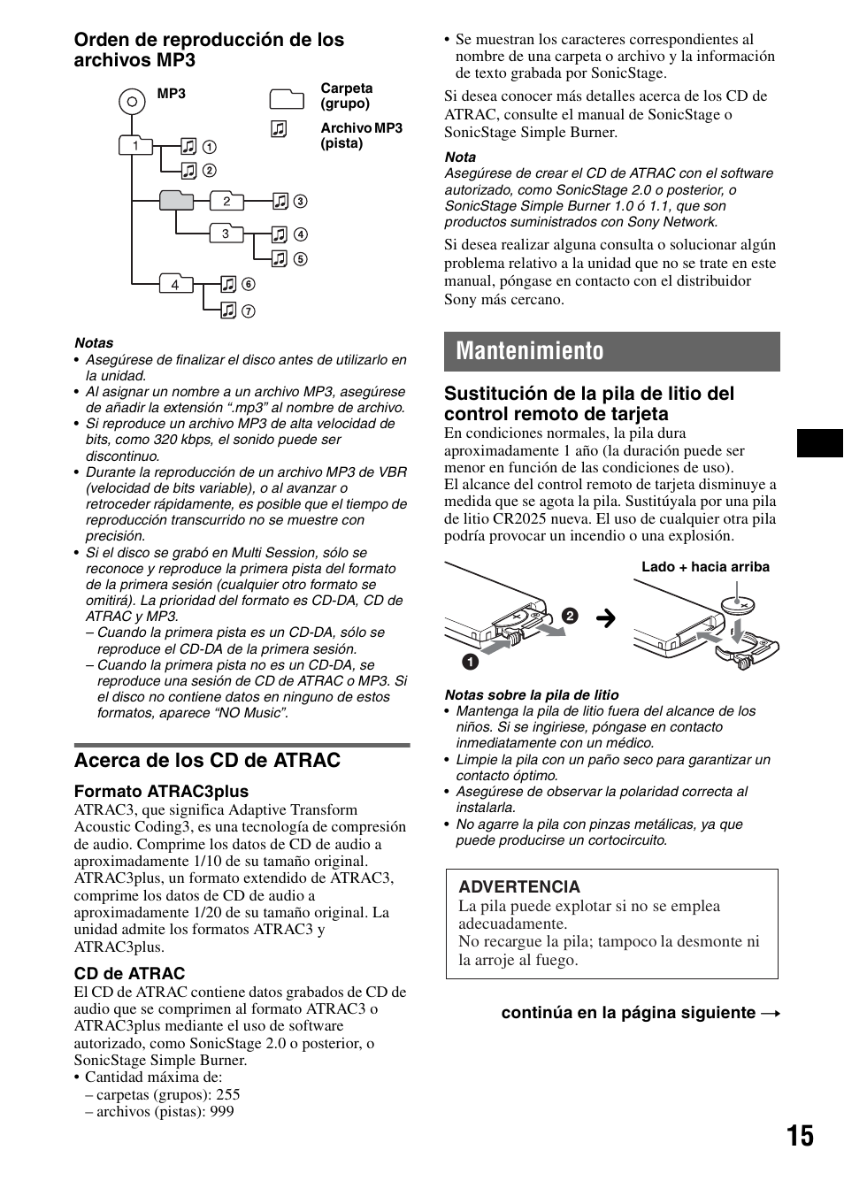 Acerca de los cd de atrac, Mantenimiento, Orden de reproducción de los archivos mp3 | Sony CDX-F7710 User Manual | Page 51 / 56