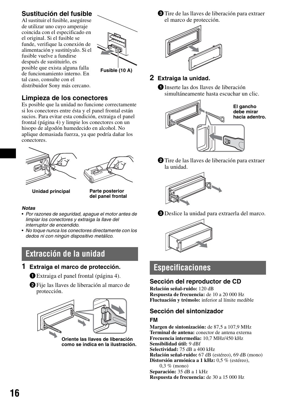 Extracción de la unidad, Especificaciones, Extracción de la unidad especificaciones | Sony CDX-F7710 User Manual | Page 52 / 56
