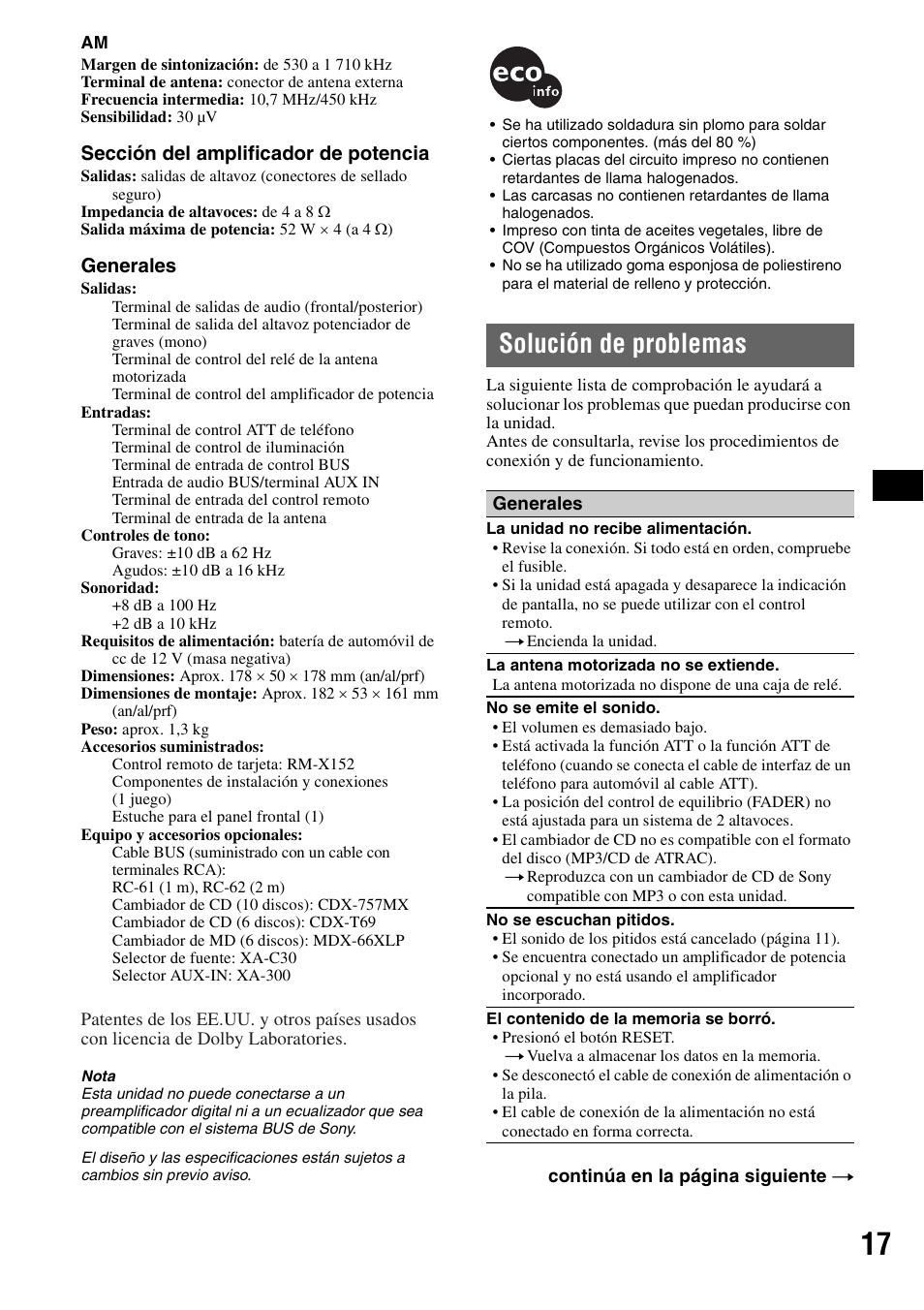 Solución de problemas, Sección del amplificador de potencia, Generales | Sony CDX-F7710 User Manual | Page 53 / 56