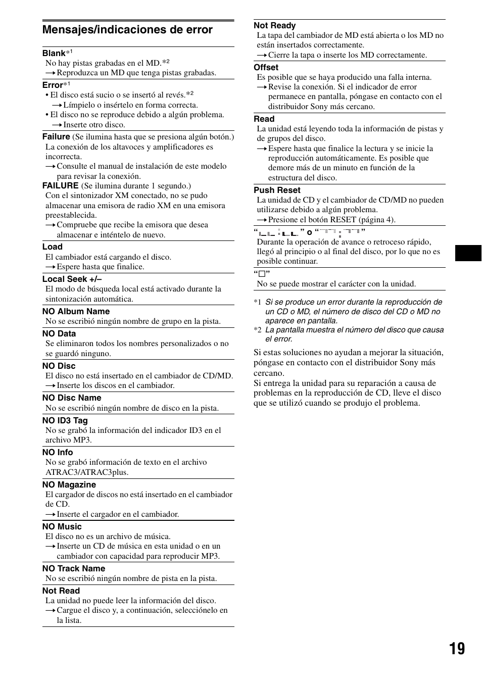 Mensajes/indicaciones de error | Sony CDX-F7710 User Manual | Page 55 / 56