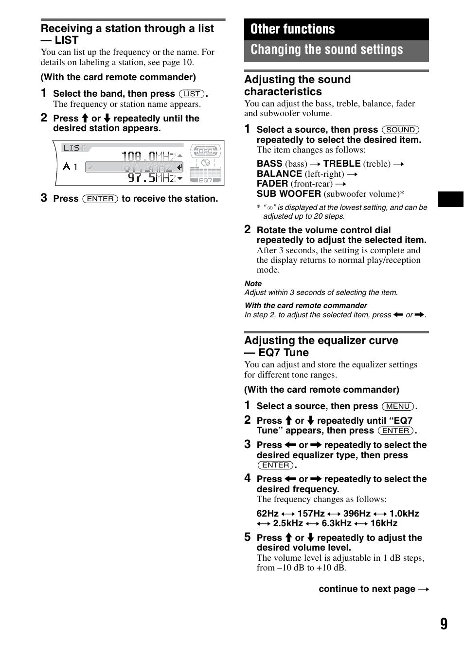 Receiving a station through a list - list, Other functions, Changing the sound settings | Adjusting the sound characteristics, Adjusting the equalizer curve - eq7 tune, Receiving a station through a list — list, Other functions changing the sound settings | Sony CDX-F7710 User Manual | Page 9 / 56