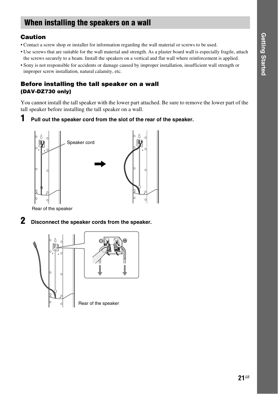 When installing the speakers on a wall | Sony DAV-DZ730 User Manual | Page 21 / 84