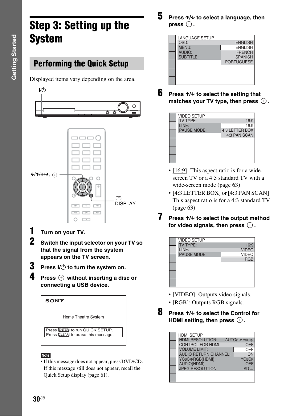 Step 3: setting up the system, Performing the quick setup | Sony DAV-DZ730 User Manual | Page 30 / 84