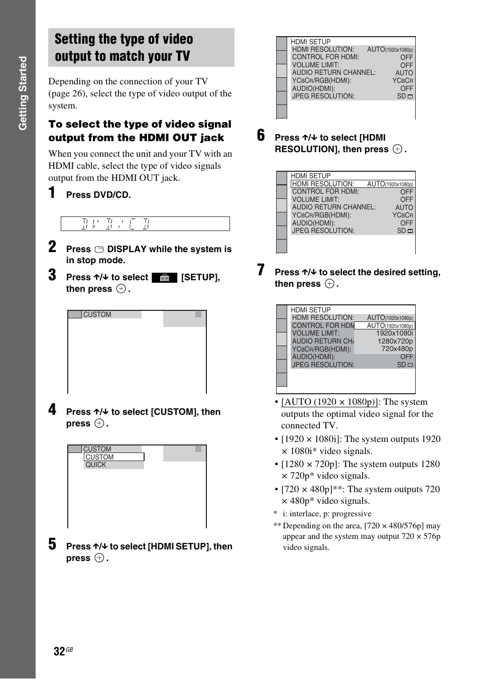 Setting the type of video output to match your tv, Gettin g star ted | Sony DAV-DZ730 User Manual | Page 32 / 84