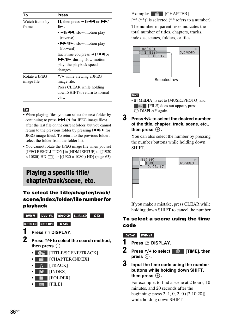 Playing a specific title/ chapter/track/scene, etc, Es 36 | Sony DAV-DZ730 User Manual | Page 36 / 84