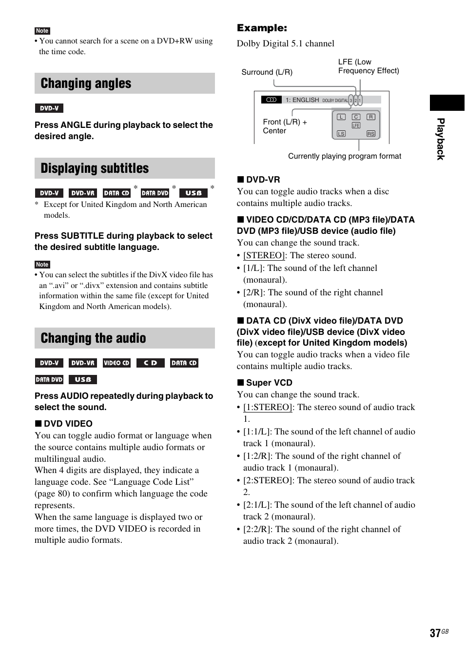 Changing angles, Displaying subtitles, Changing the audio | Changing angles displaying subtitles | Sony DAV-DZ730 User Manual | Page 37 / 84