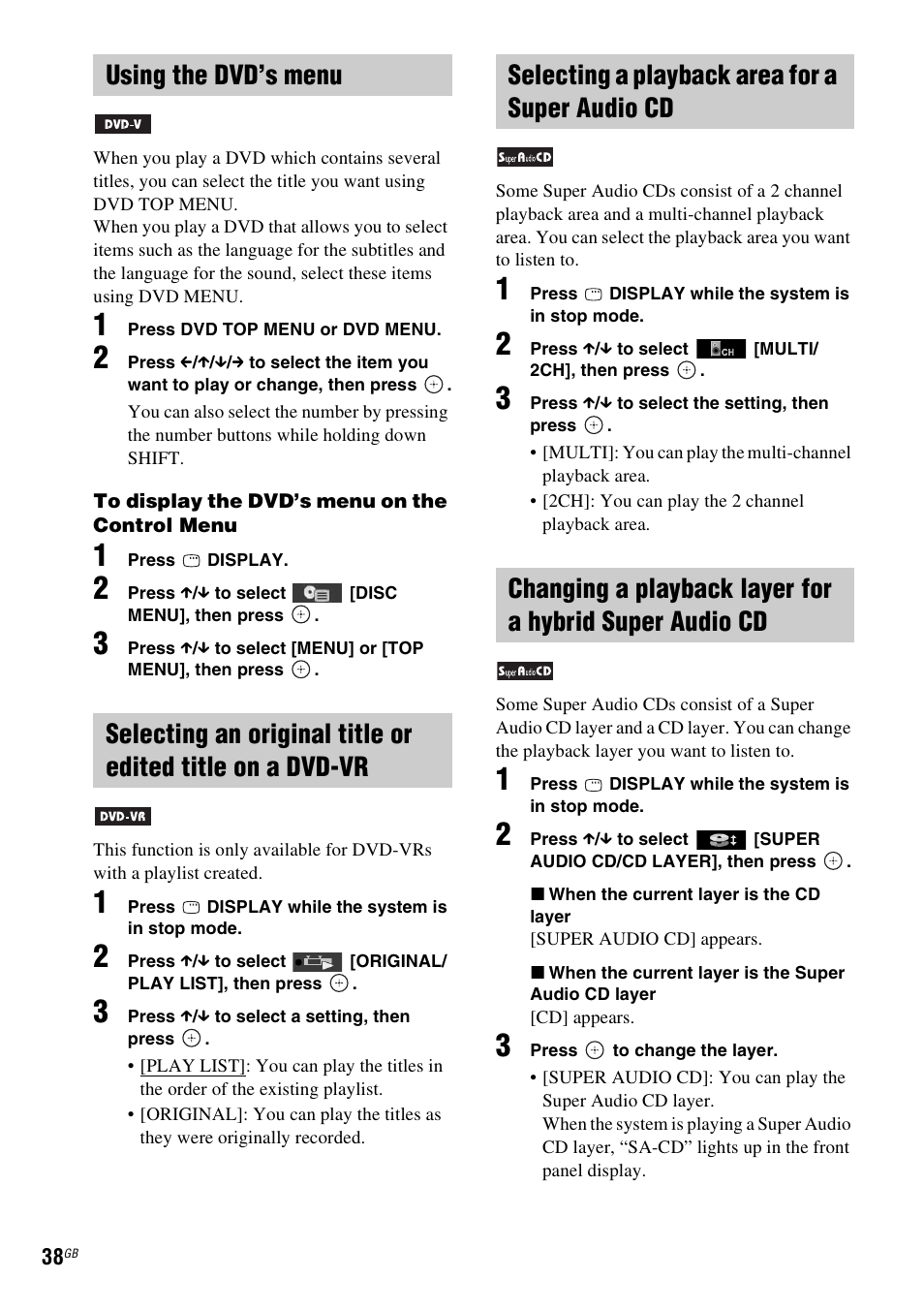 Using the dvd’s menu, Selecting a playback area for a super audio cd | Sony DAV-DZ730 User Manual | Page 38 / 84