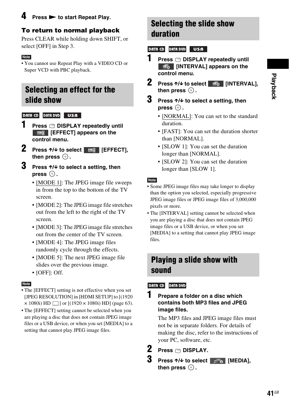 Selecting an effect for the slide show, Selecting the slide show duration, Playing a slide show with sound | Sony DAV-DZ730 User Manual | Page 41 / 84