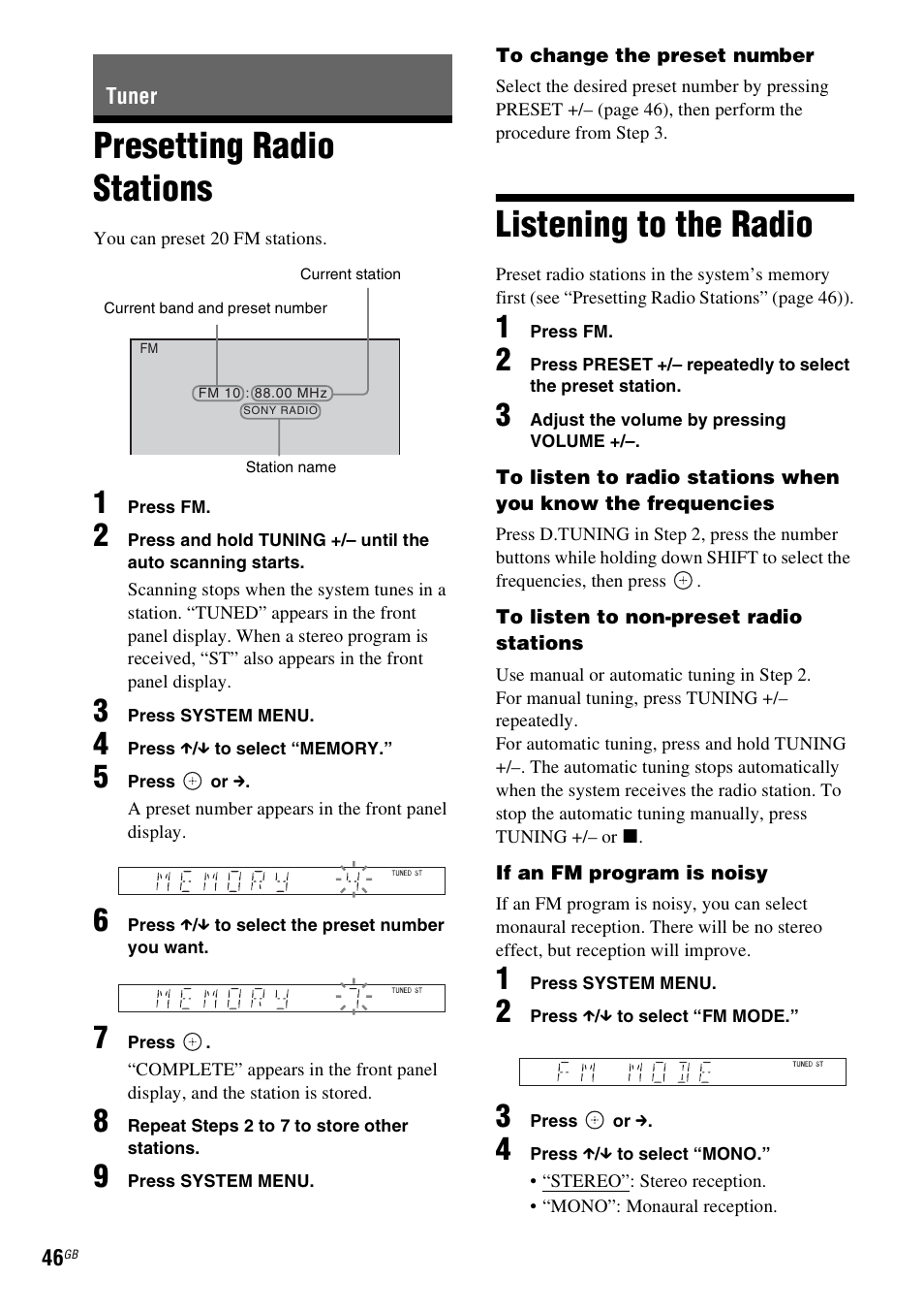 Tuner, Presetting radio stations, Listening to the radio | Presetting radio stations listening to the radio, Es 46 | Sony DAV-DZ730 User Manual | Page 46 / 84