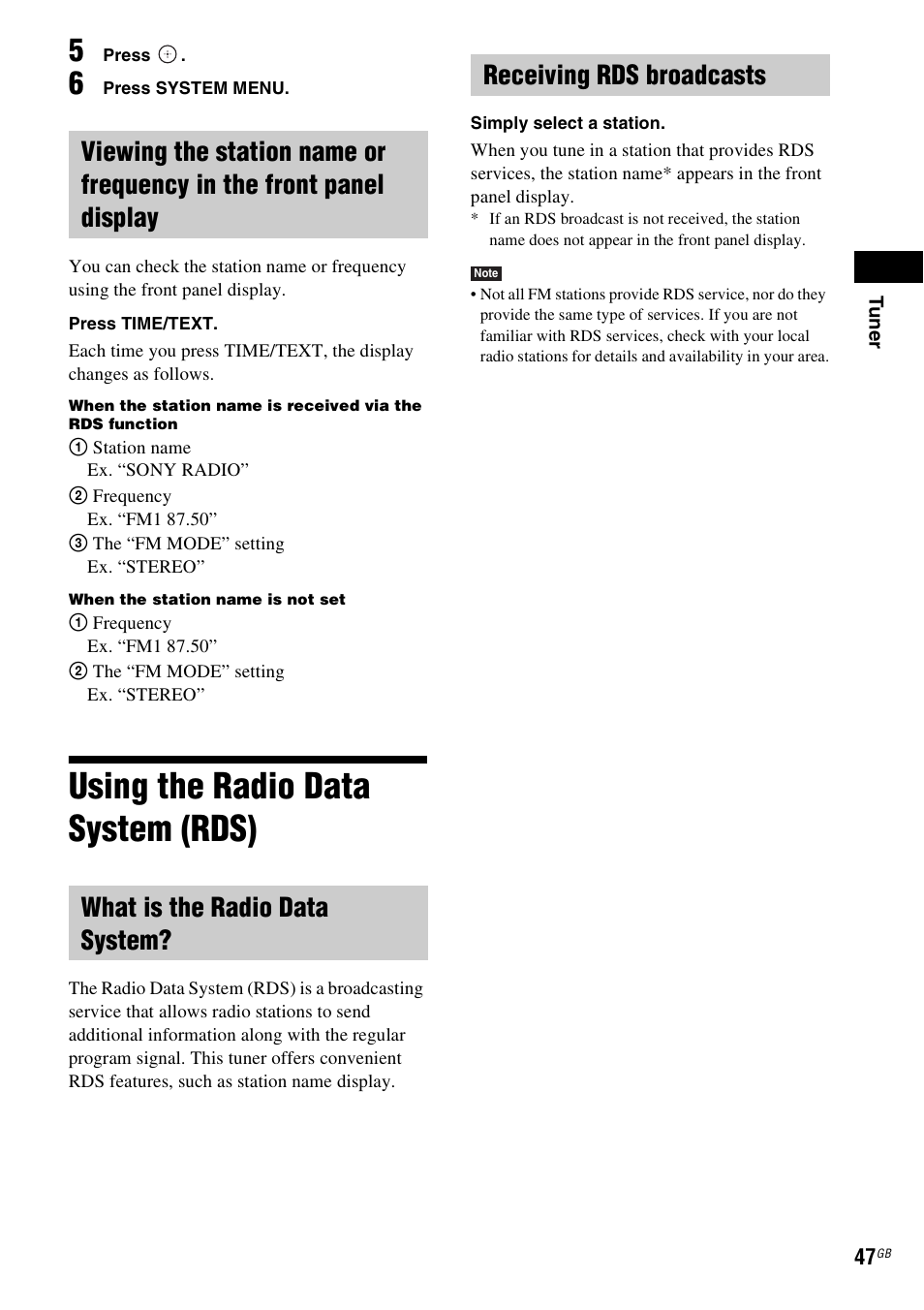 Using the radio data system (rds), What is the radio data system, Receiving rds broadcasts | Using the radio data system, Rds) | Sony DAV-DZ730 User Manual | Page 47 / 84