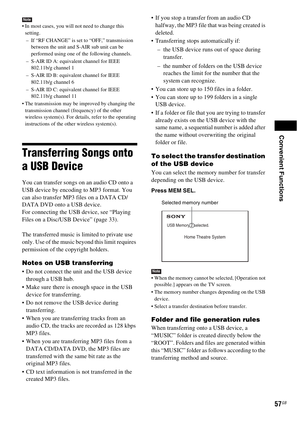 Transferring songs onto a usb device, Transferring songs onto a usb, Device | Sony DAV-DZ730 User Manual | Page 57 / 84