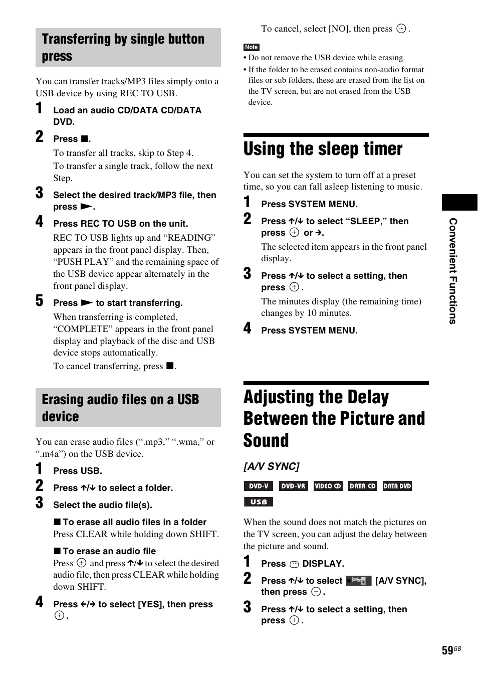 Transferring by single button press, Erasing audio files on a usb device, Using the sleep timer | Adjusting the delay between the picture and sound, And sound | Sony DAV-DZ730 User Manual | Page 59 / 84