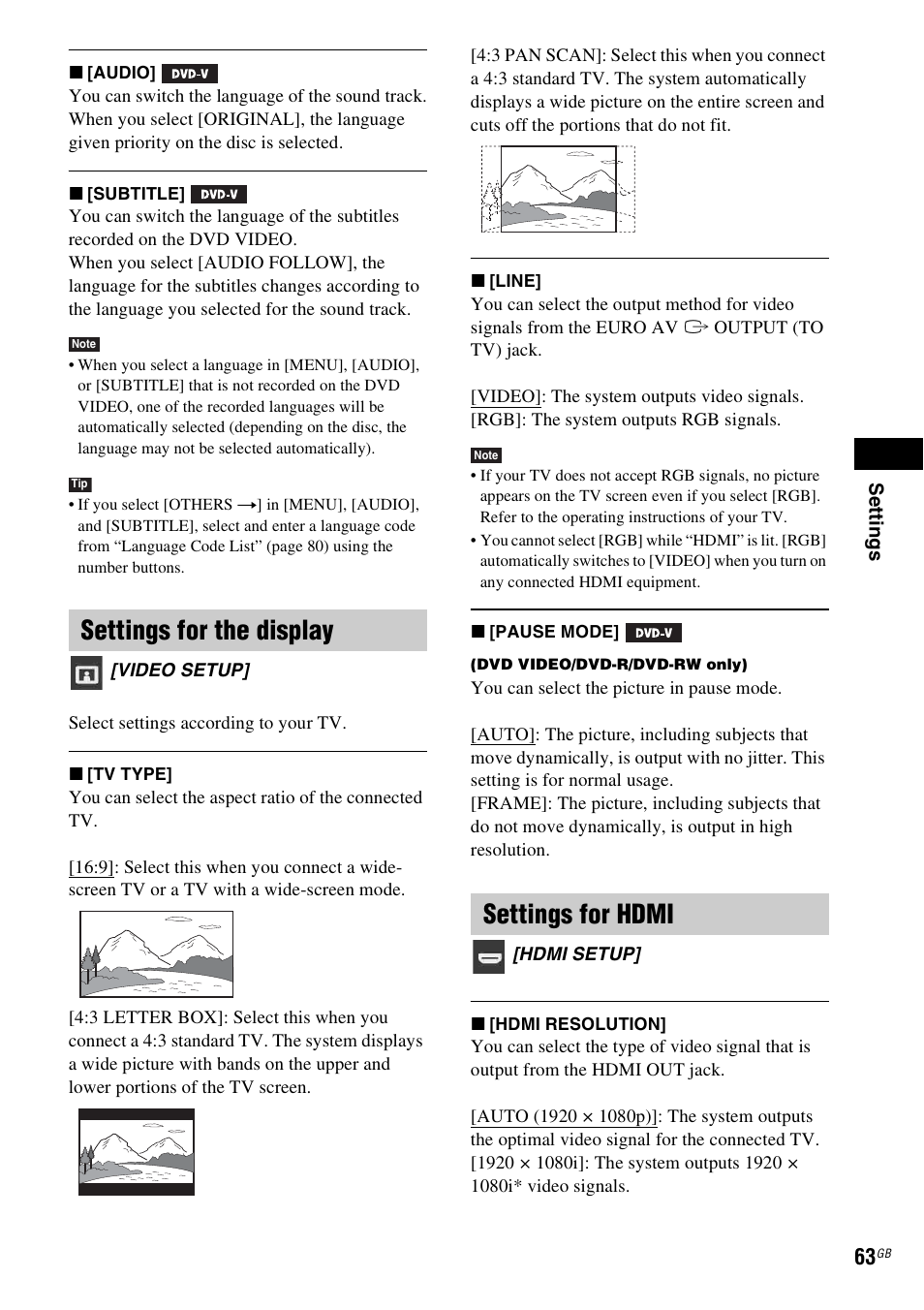 Settings for the display, Settings for hdmi | Sony DAV-DZ730 User Manual | Page 63 / 84