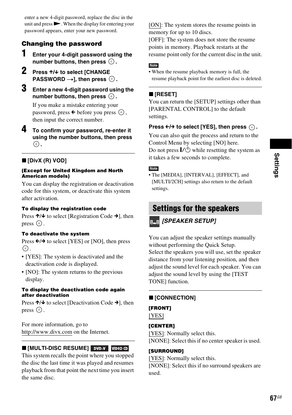 Settings for the speakers | Sony DAV-DZ730 User Manual | Page 67 / 84