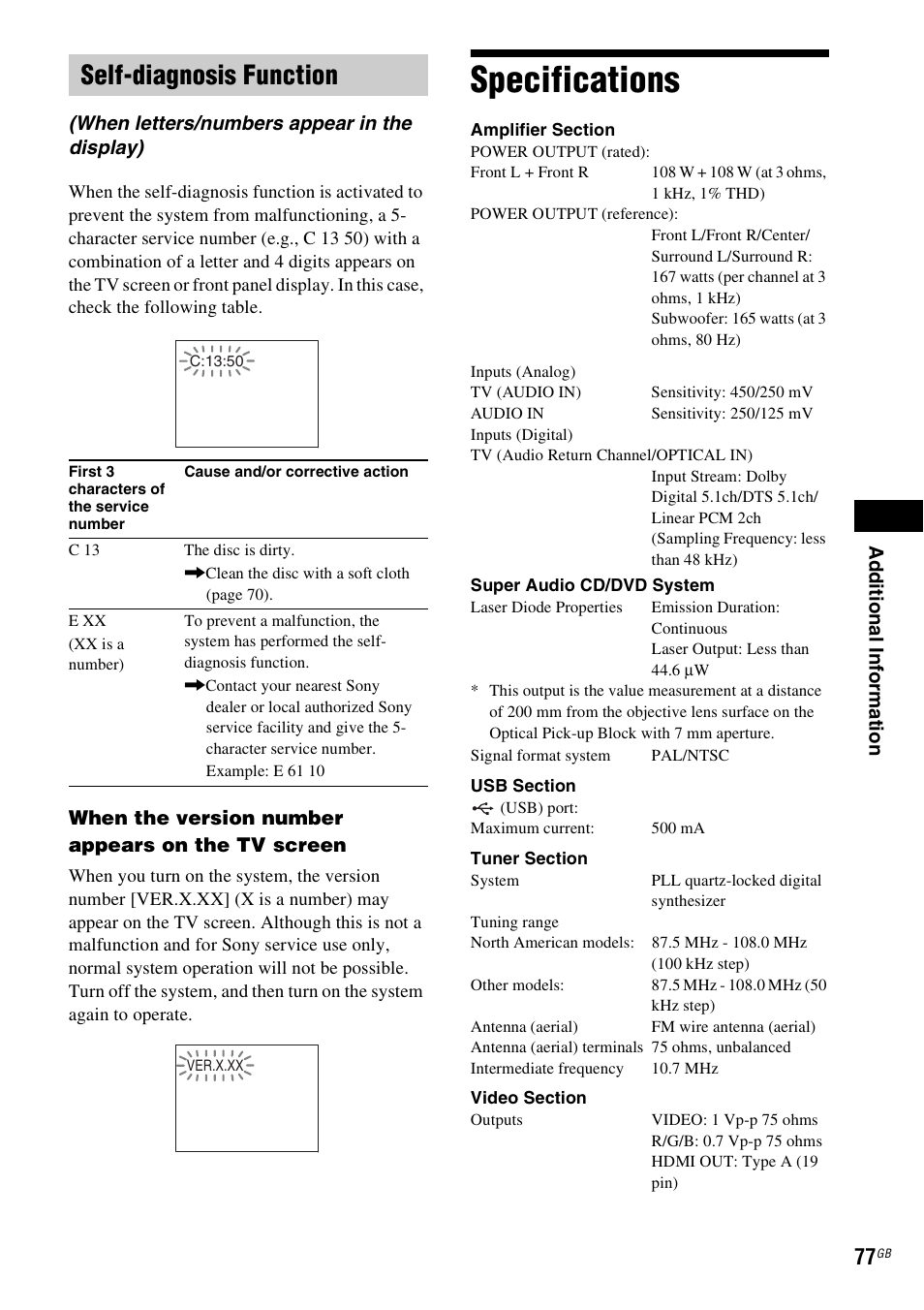 Self-diagnosis function, Specifications | Sony DAV-DZ730 User Manual | Page 77 / 84