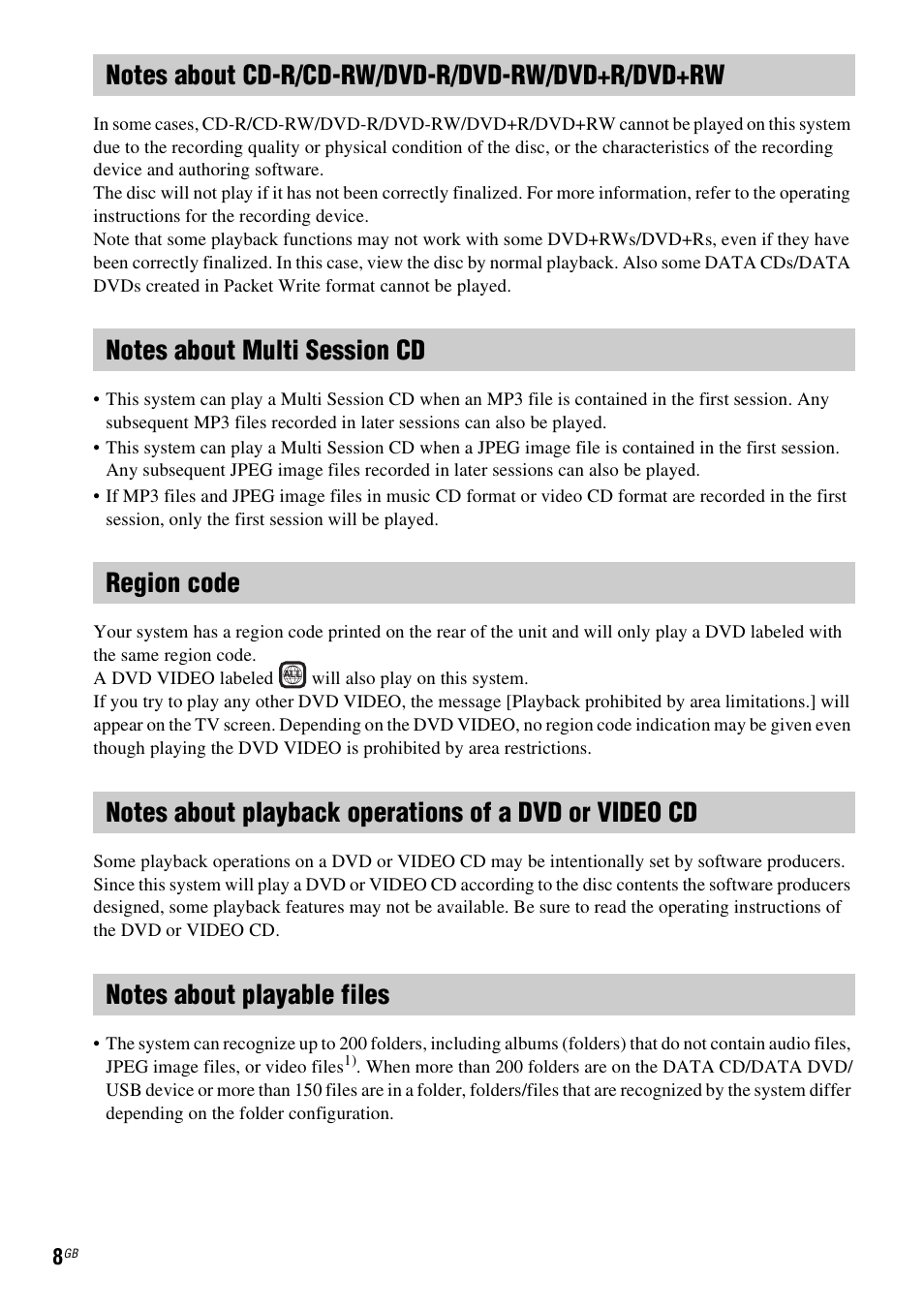 Notes about cd-r/cd-rw/dvd-r/dvd-rw/dvd+r/dvd+rw, Notes about multi session cd, Region code | Notes about playable files | Sony DAV-DZ730 User Manual | Page 8 / 84