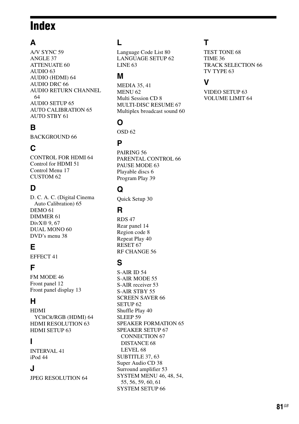 Index | Sony DAV-DZ730 User Manual | Page 81 / 84